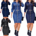Women's long sleeve denim shirt dress in black, blue, and dark blue with gold button front and belted waist, shown in three color options