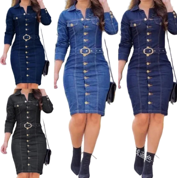 Women's long sleeve denim shirt dress in black, blue, and dark blue with gold button front and belted waist, shown in three color options