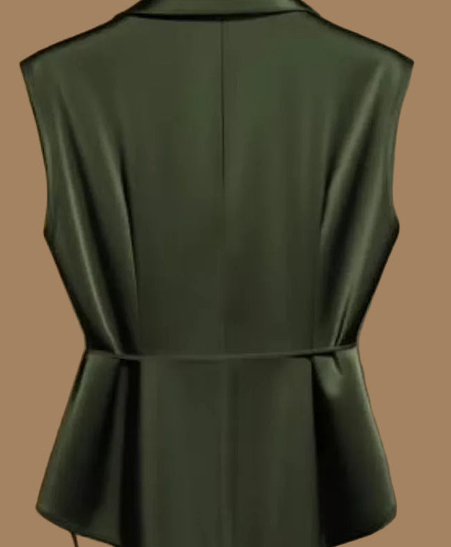  olive green sleeveless vest with a structured collar, gathered waist, and peplum hem, shown from the back.