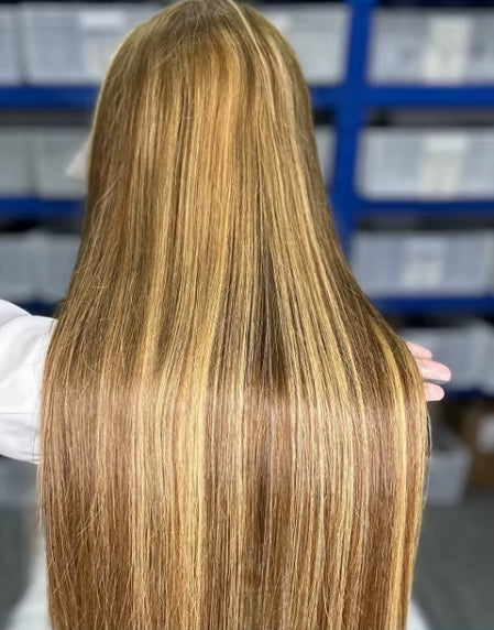 #30/613: 13x4 HD lace front straight human hair wig in #30/613 honey blonde, 18-30 inches
