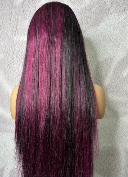 #P1B Purple: 13x4 HD lace front straight human hair wig in #P1B purple ombre, 18-30 inches
