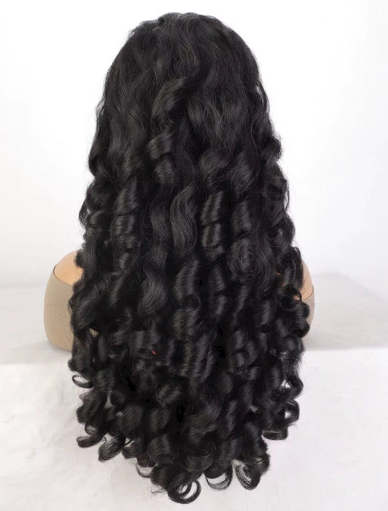 Image 1 — Bouncy curly synthetic drawstring ponytail in Natural Black — back view on mannequin showing full 26" length and spiral curl pattern
