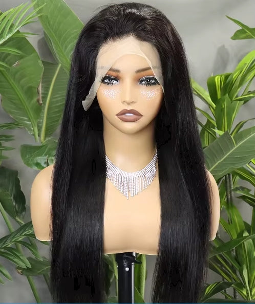 Black: 13x4 HD lace front straight human hair wig in natural black, 18-30 inches
