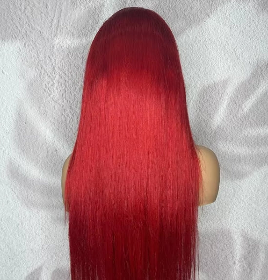Red: 13x4 HD lace front straight human hair wig in red, 18-30 inches

