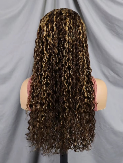 Long, dark brown curly wig with golden blonde highlights, displayed on a mannequin head from the back against a gray fabric backdrop.