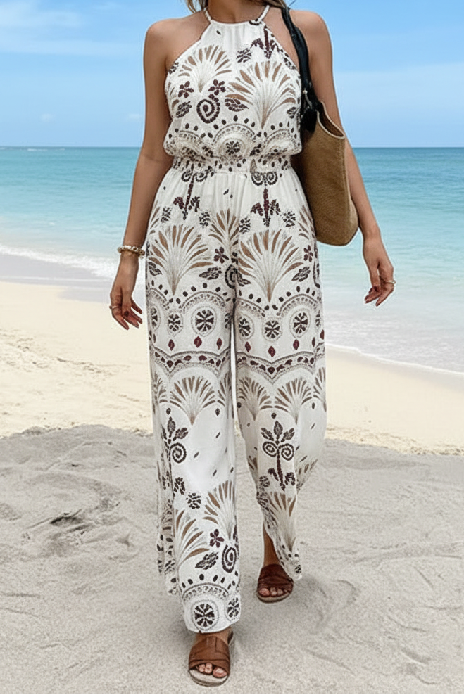White Sleeveless Wide-Leg Jumpsuit Front View