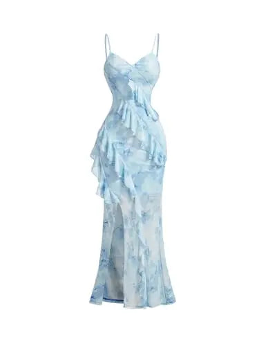  Sky blue floral ruffle trim mermaid maxi cami dress with sweetheart neckline and high slit, product flat view on white background

