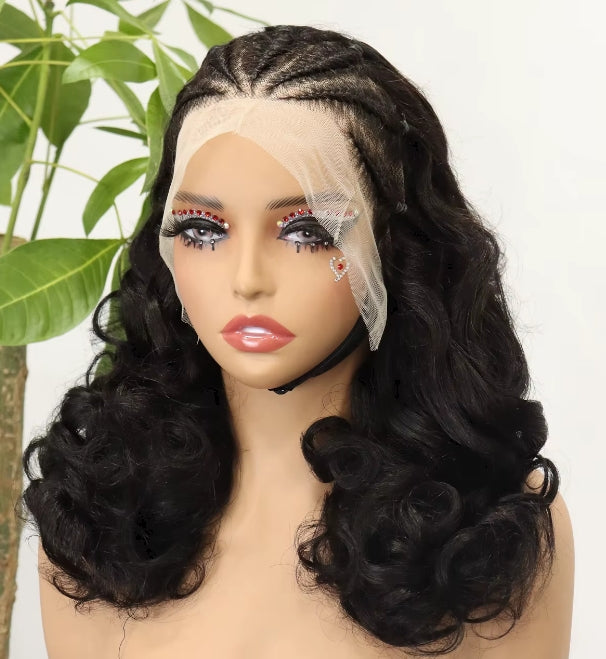 Black — Black bouncy curly pre-braided 13x4 lace front human hair wig with cornrow crown, 18 inch
