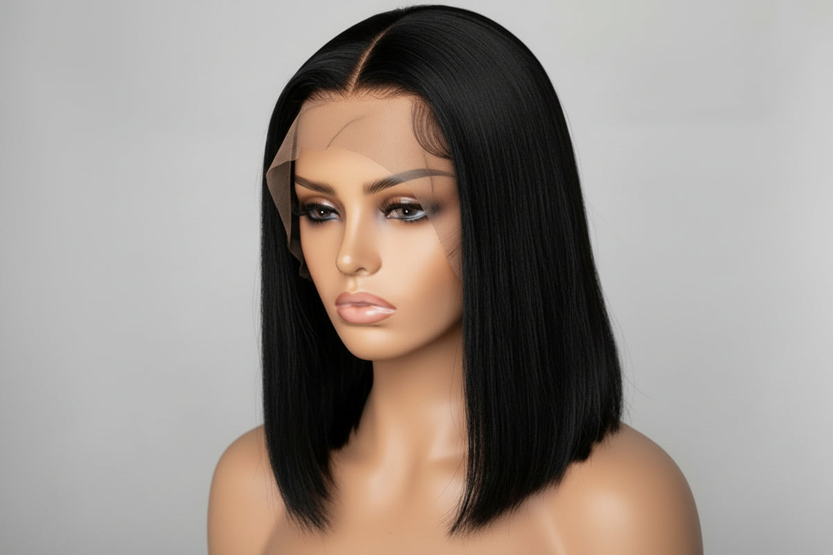A shoulder-length straight wig with deep auburn red color, displayed on a mannequin head against a plain light background.