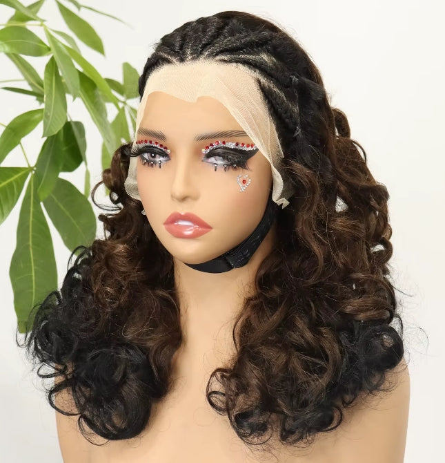 Black/Medium Brown Highlights — Black and medium brown highlight bouncy curly pre-braided 13x4 lace front human hair wig with cornrow crown, 18 inch
