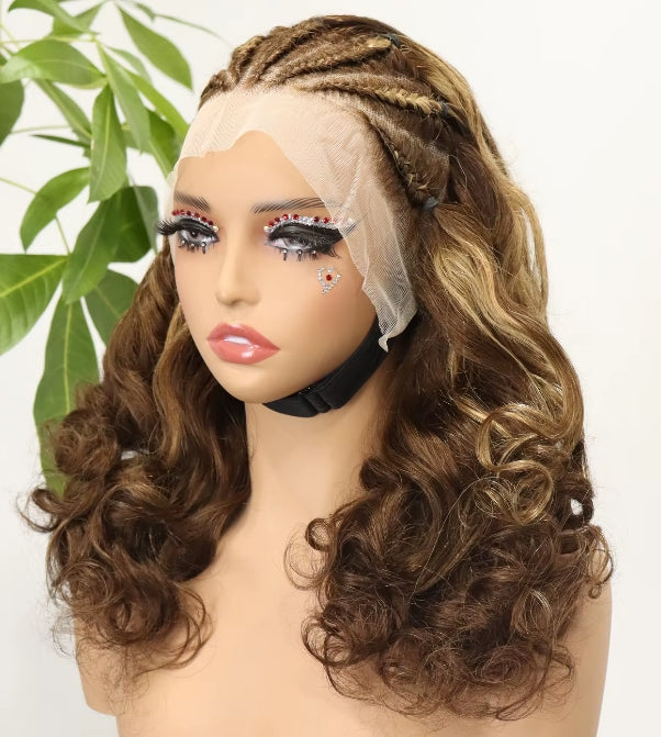 Medium Brown/Light Highlights — Medium brown with light highlight bouncy curly pre-braided 13x4 lace front human hair wig with cornrow crown, 18 inch
