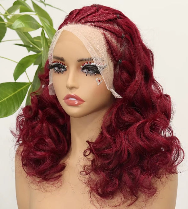 Burgundy — Burgundy bouncy curly pre-braided 13x4 lace front human hair wig with cornrow crown, 18 inch
