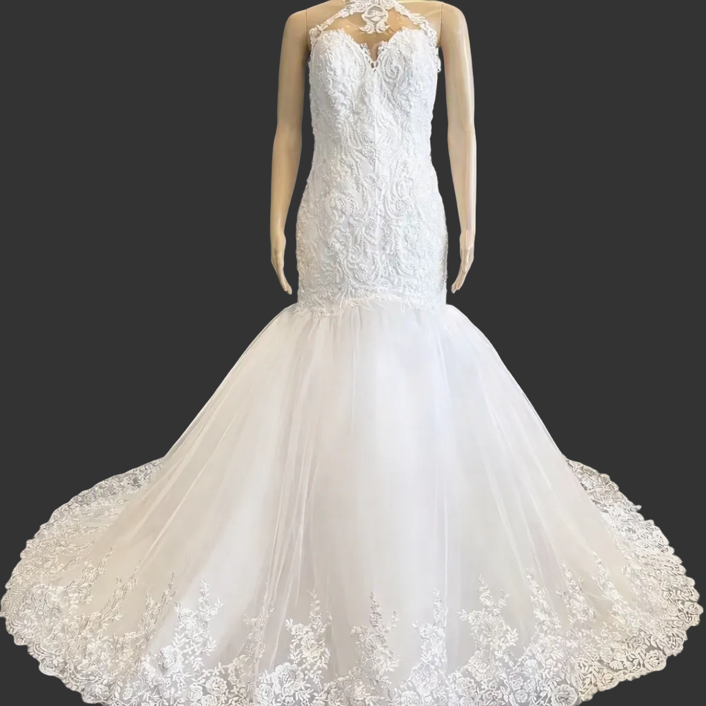 White halter neck lace mermaid wedding dress with cathedral train, full length front view on white background

