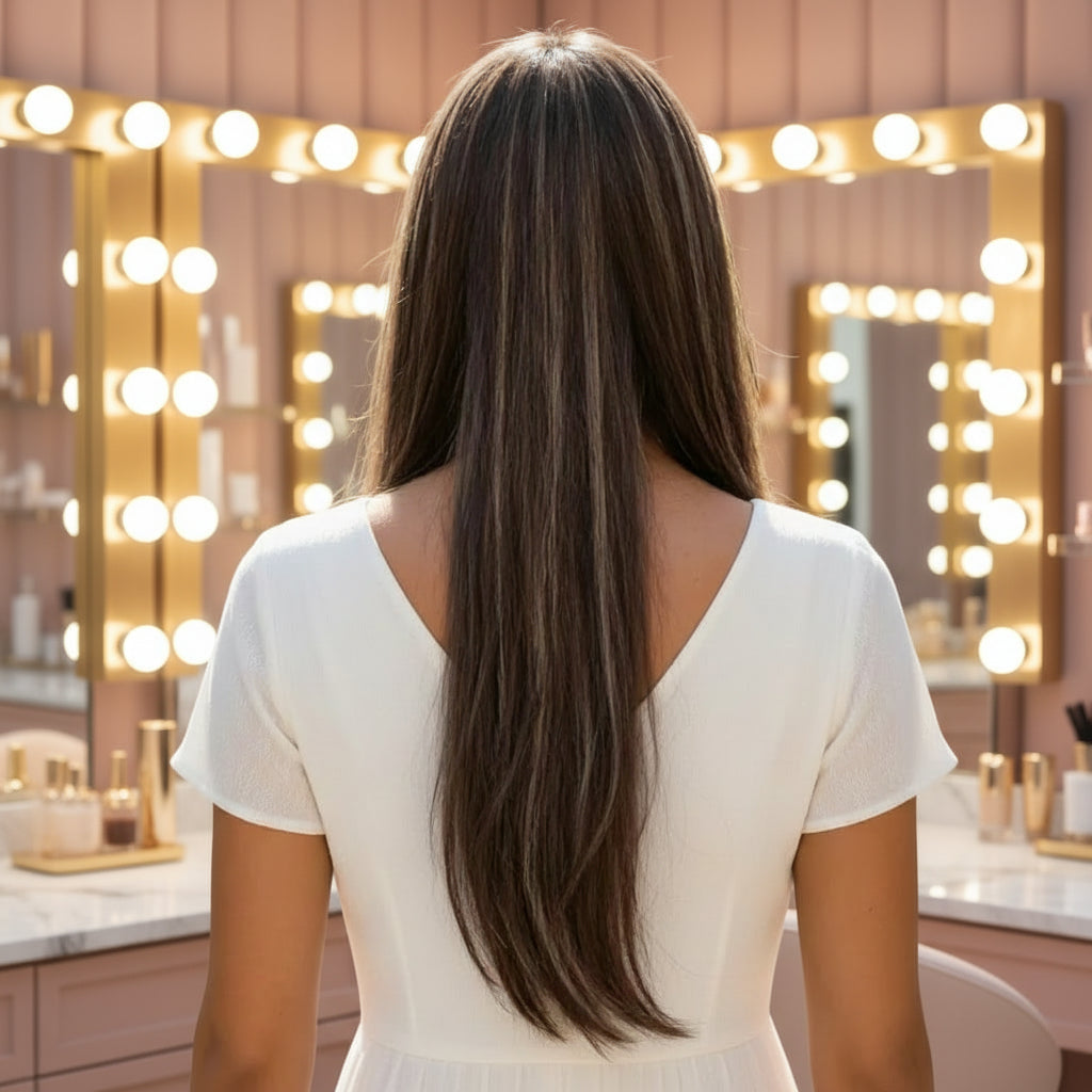 Brown Honey Blonde Highlight Layered Straight Wig with Bangs  Back View