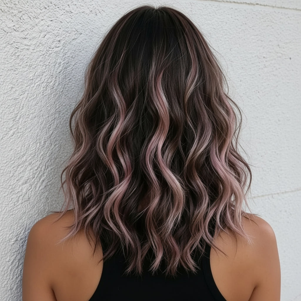 Brownish Pink Dark Root Loose Wave Wig with Bangs Back View