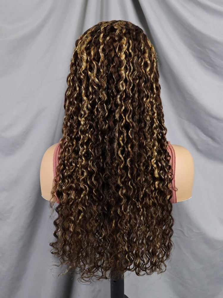Long, dark brown curly wig with golden blonde highlights, displayed on a mannequin head from the back against a gray fabric backdrop.