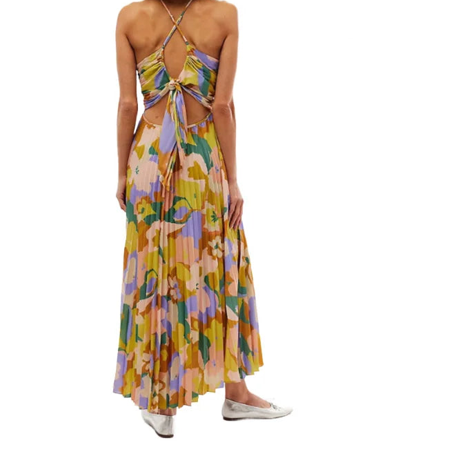 Yellow Printed Halter-Neck Long Dress Back View