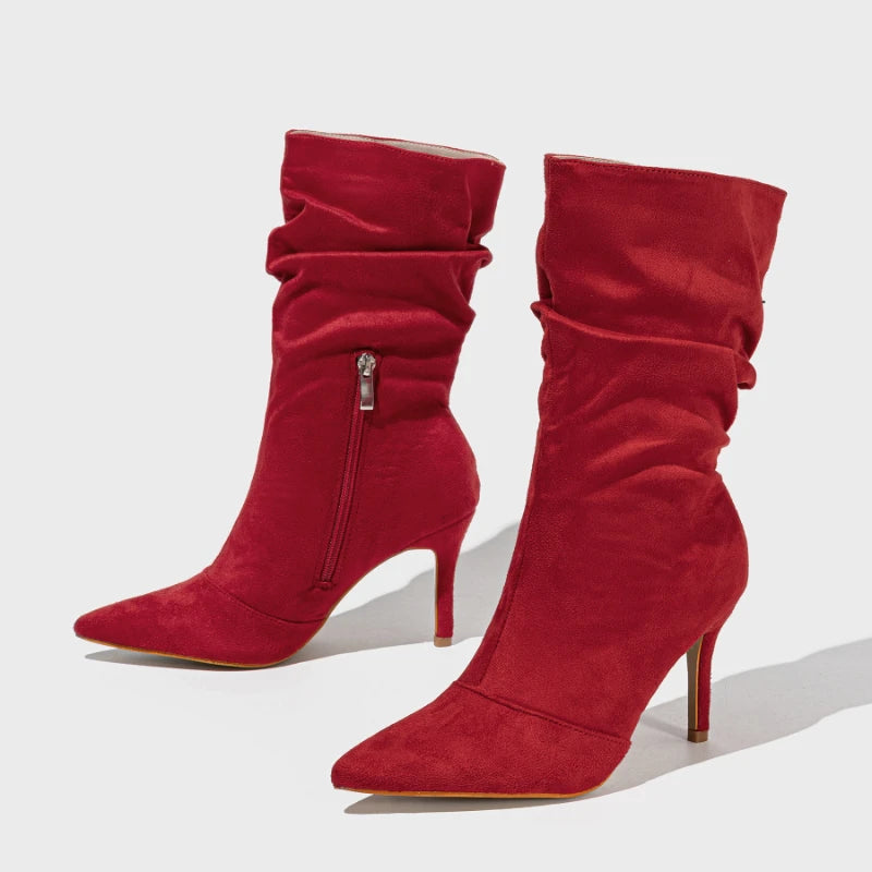 Red high-heeled boots on a white background