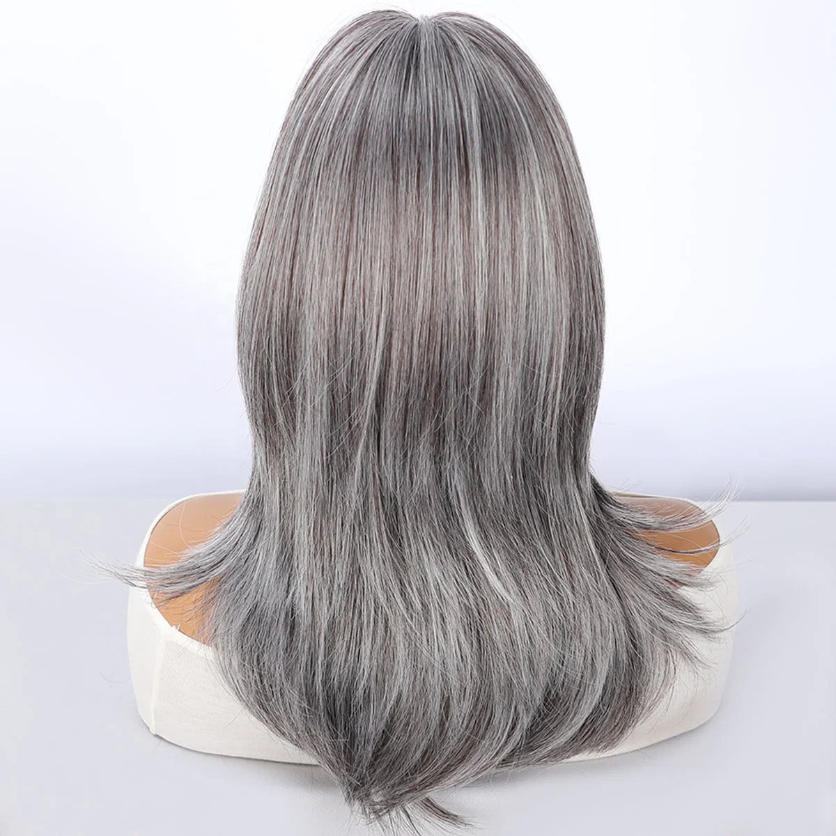 Ash Gray Glossy Loose Wave Wig with Natural Bangs - Back View