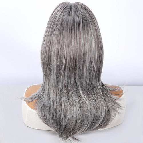 Ash Gray Glossy Loose Wave Wig with Natural Bangs - Back View