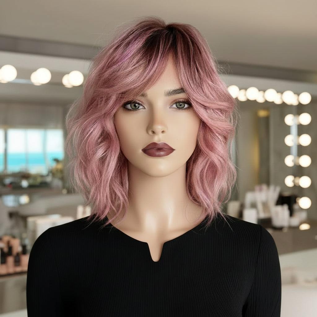 Pink Curly Bob Synthetic Wig with Bangs - Front view