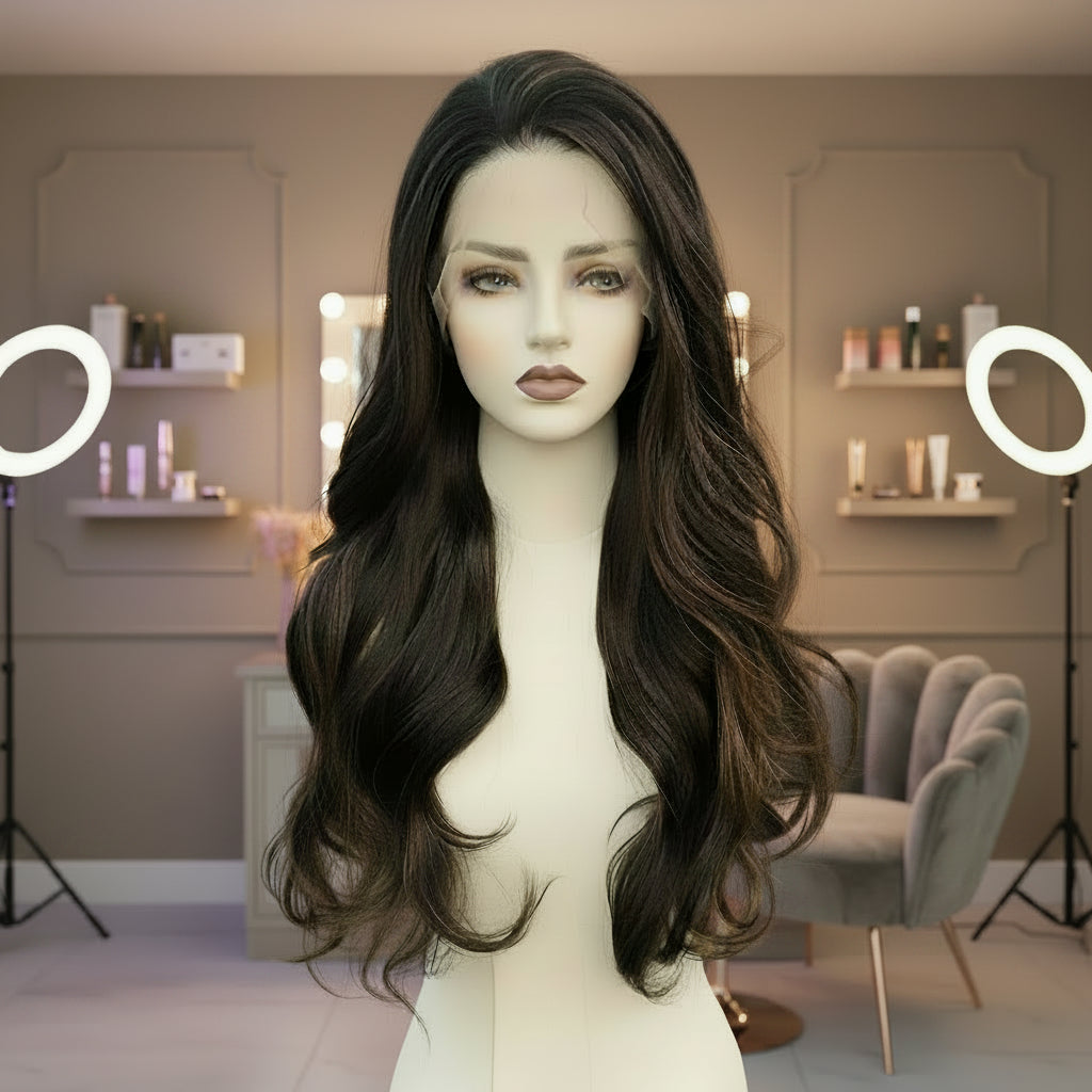 Black Brown Mixed 13x4 Lace Front Body Wave Synthetic Wig - Front view