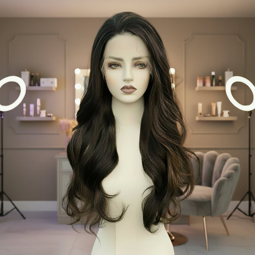 Black Brown Mixed 13x4 Lace Front Body Wave Synthetic Wig - Front view