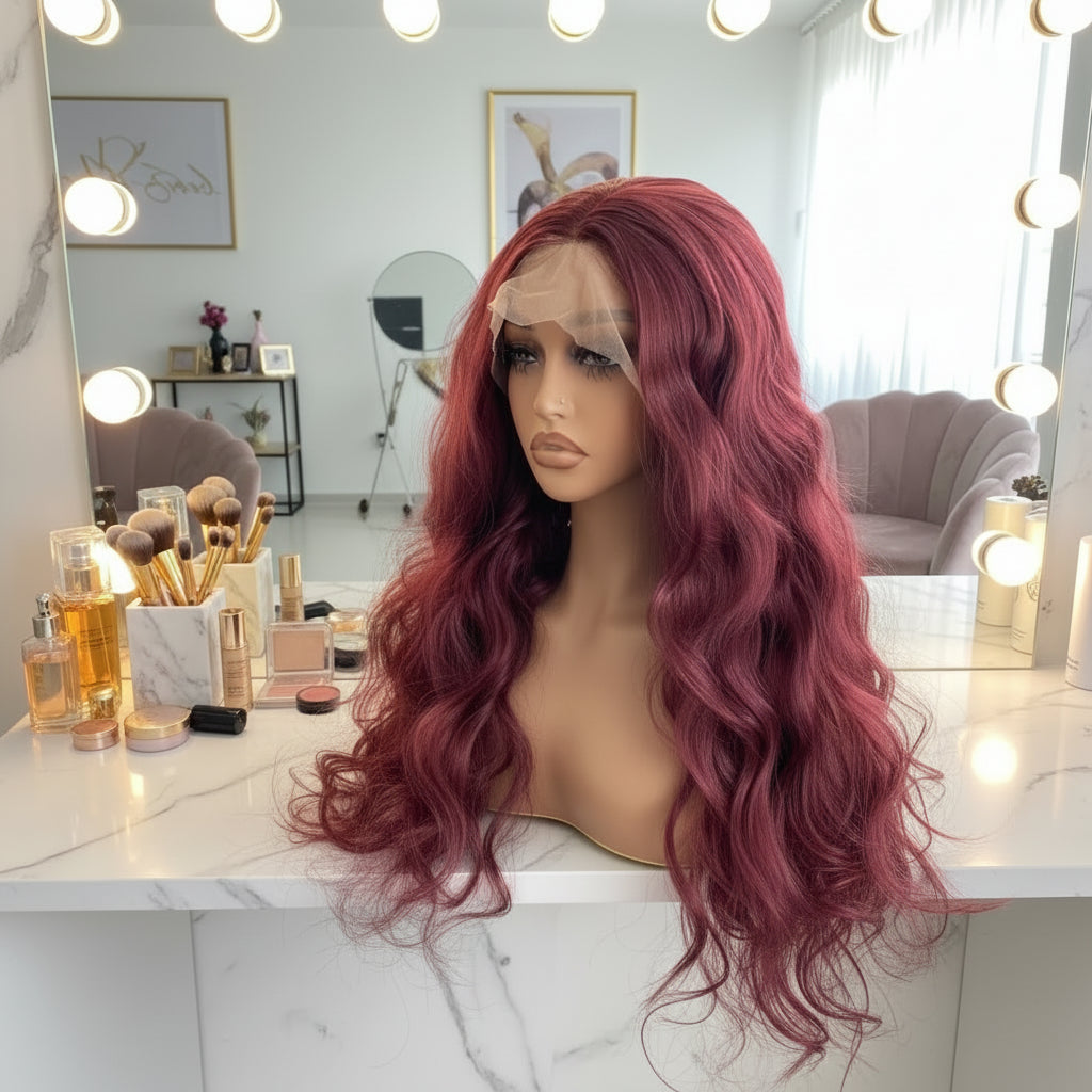 Wine Red Wavy Lace Front Wig - Side View, Synthetic Fiber, Pre-Plucked Hairline
