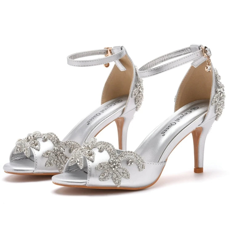 Crystal embellished open toe heels with ankle strap