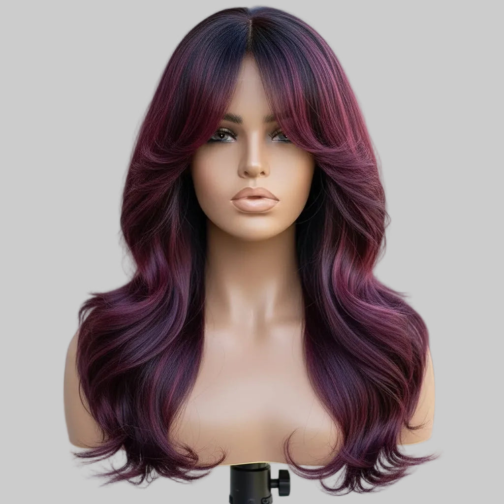 Purple Gradient Long Straight Lace Wig with Bangs Front View
