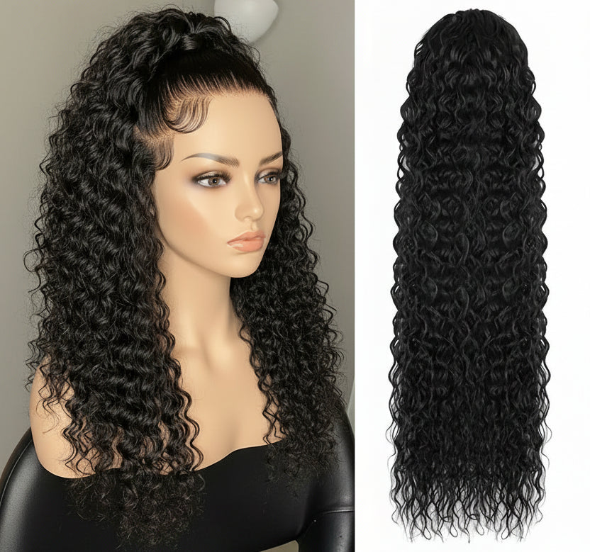 Image 1 — Water wave drawstring ponytail extension in natural black, full view, 100% human hair
