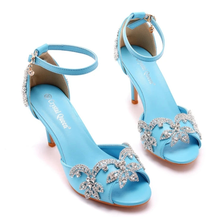 Crystal embellished open toe heels with ankle strap Blue