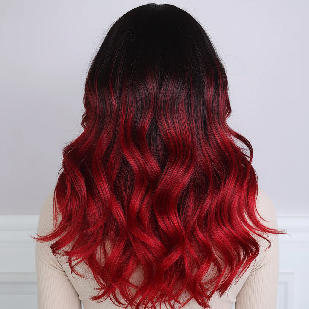 Black Red Long Body Wave Synthetic Wig Back View