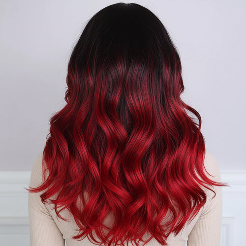 Black Red Long Body Wave Synthetic Wig Back View
