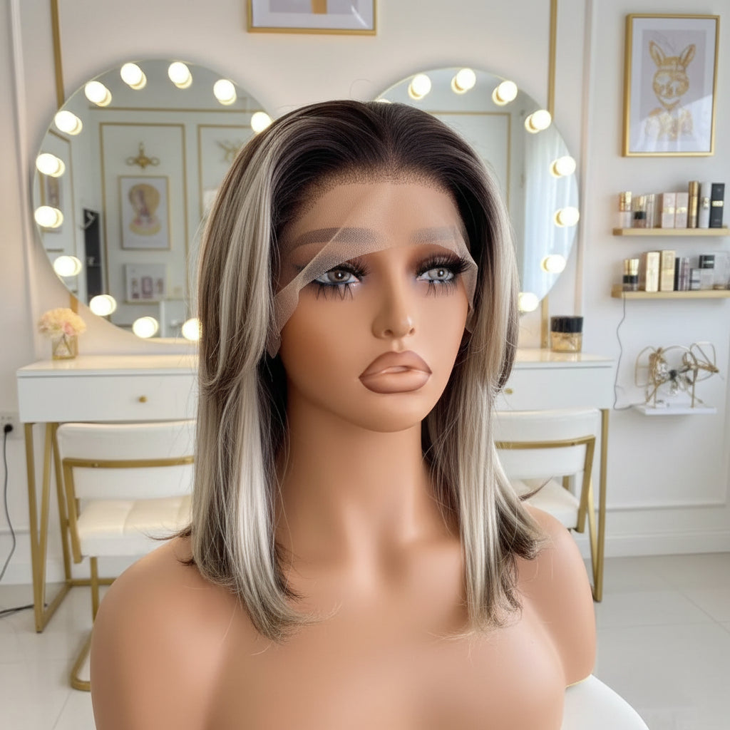 Brown Highlight Blonde Bob 13x4 Lace Front Wig - Full Head View, Transparent HD Lace, Natural Hairline
