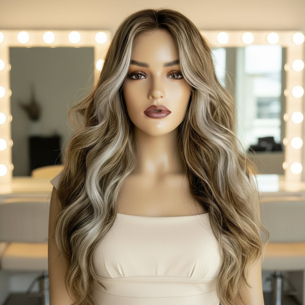 Brown Blonde Highlights 13x3 Lace Front Water Wave Synthetic Wig - Front view
