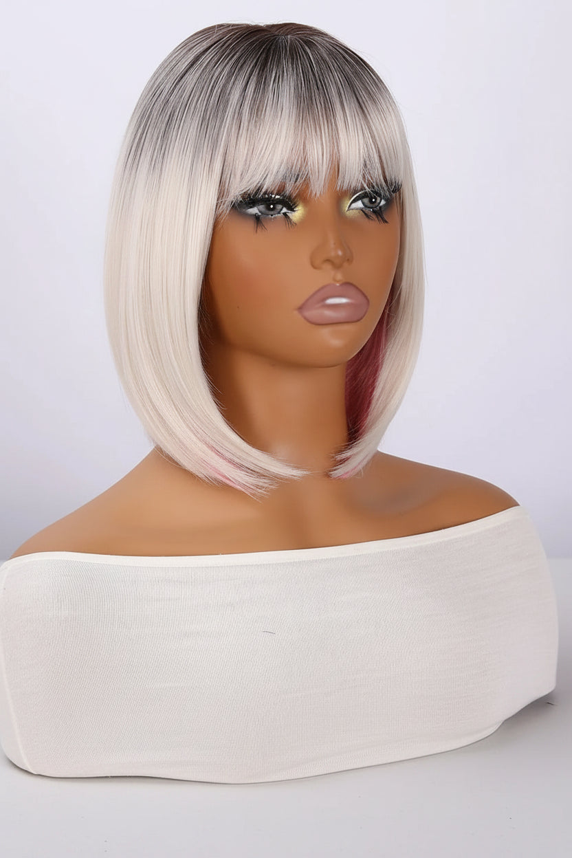 White Gold Black Root Inner Pink Short Bob Wig Side View