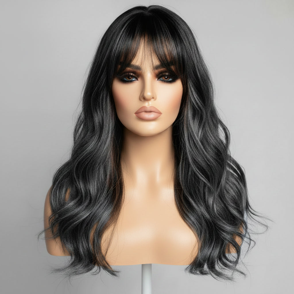 Dark Gray Gradient Water Wave Long Curly Wig with Natural Bangs Front View