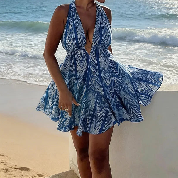 Blue Printed Backless Neck-Wrap Beach Dress Front View