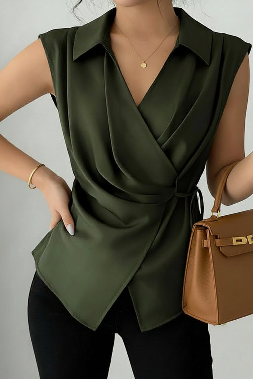 sleeveless olive green wrap-style blouse with a collar and self-tie waist