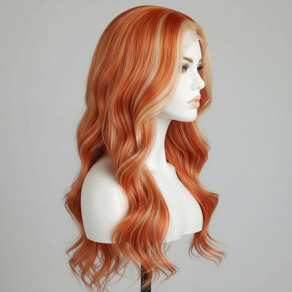 Orange Gradient Golden Wavy Curly 13x3 Lace Front Wig Side View