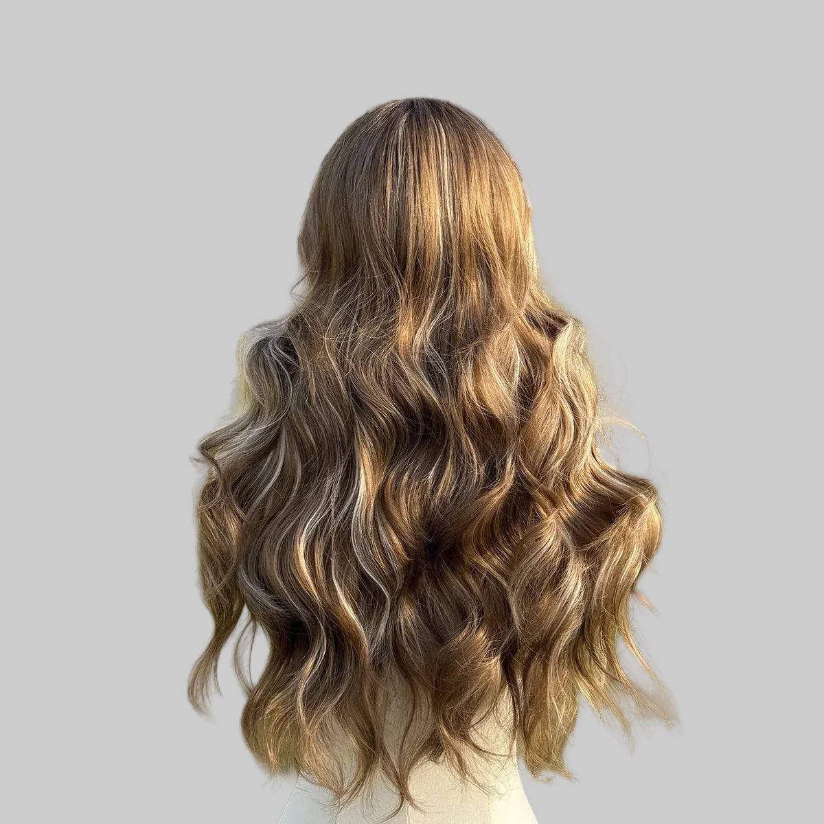 Golden Brown Highlights Long Wavy Wig with Bangs Back View