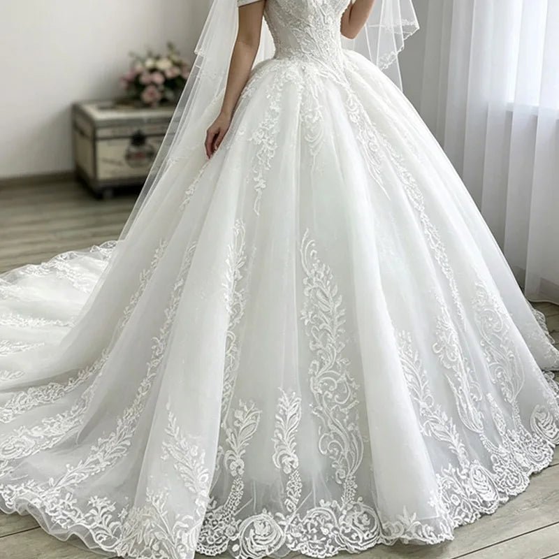 Off Shoulder Lace Ball Gown Wedding Dress