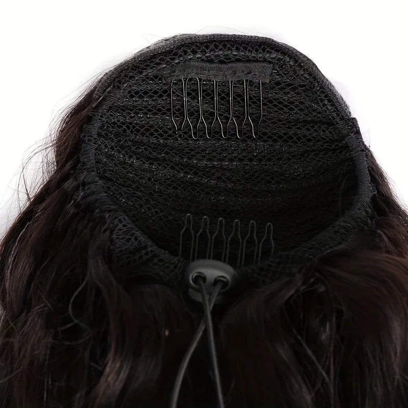 Image 2 — Close-up of drawstring ponytail cap interior showing comb clips and adjustable drawstring mechanism
