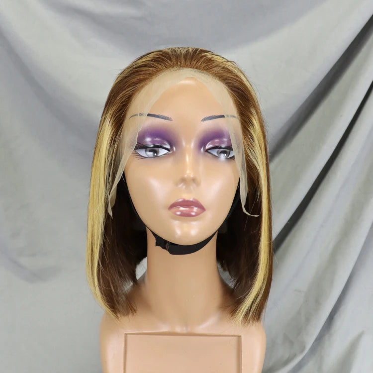 Image 7 — Straight bob wig in dark brown with honey blonde highlights (#4/27) on mannequin, 13x4 lace front
