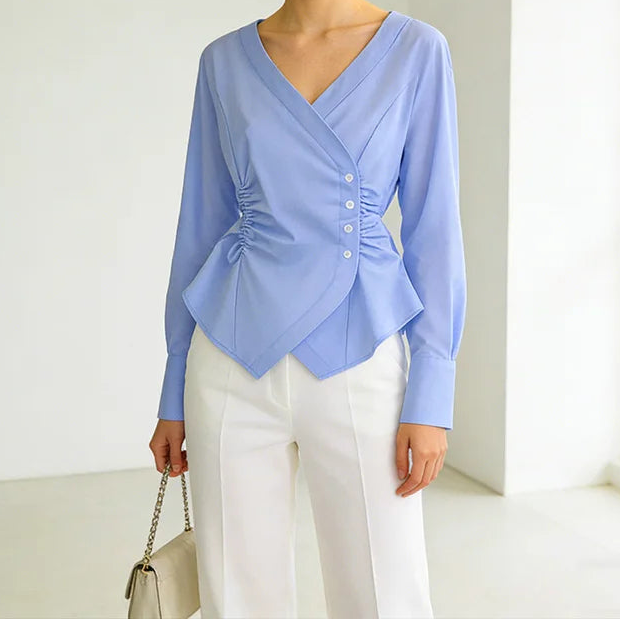 Blue Pleated V-Neck Slim-Fit Button Shirt Front View