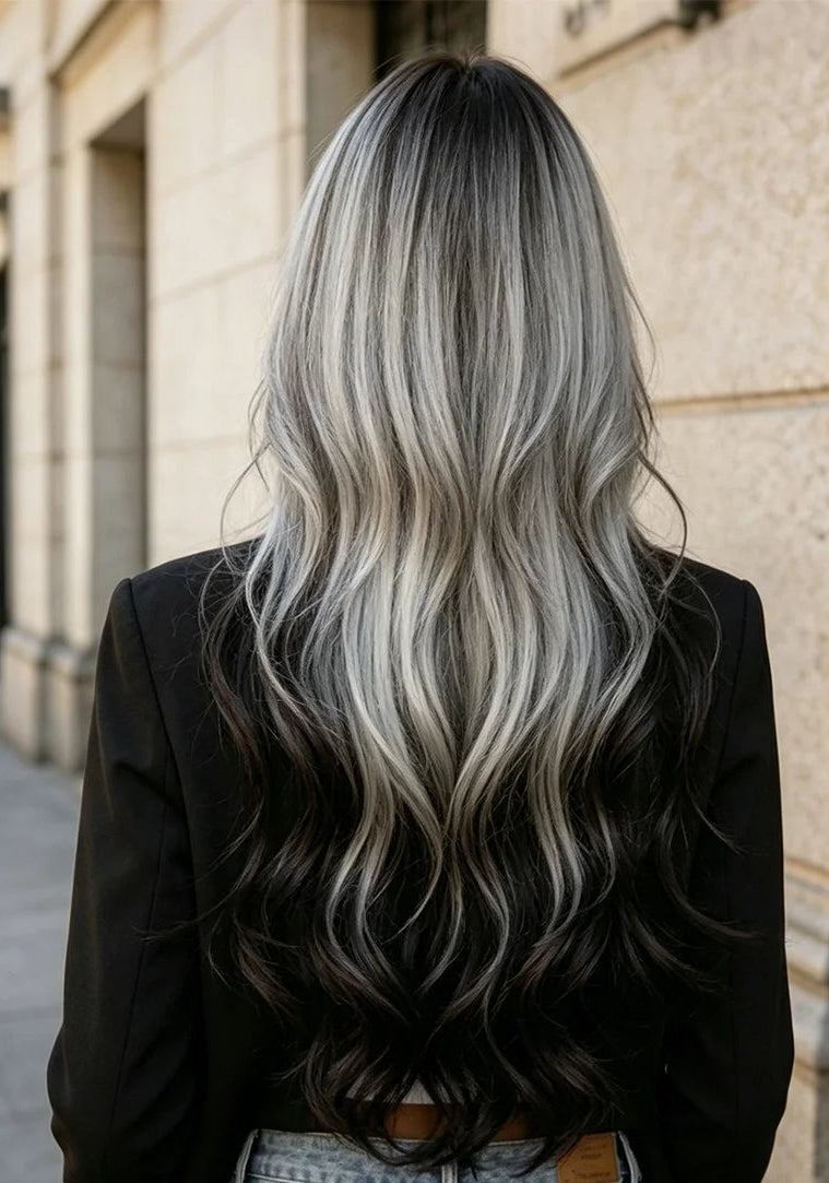 Long wavy gray and black highlight synthetic wig with soft curtain bangs, 26 inch, worn by model outdoors