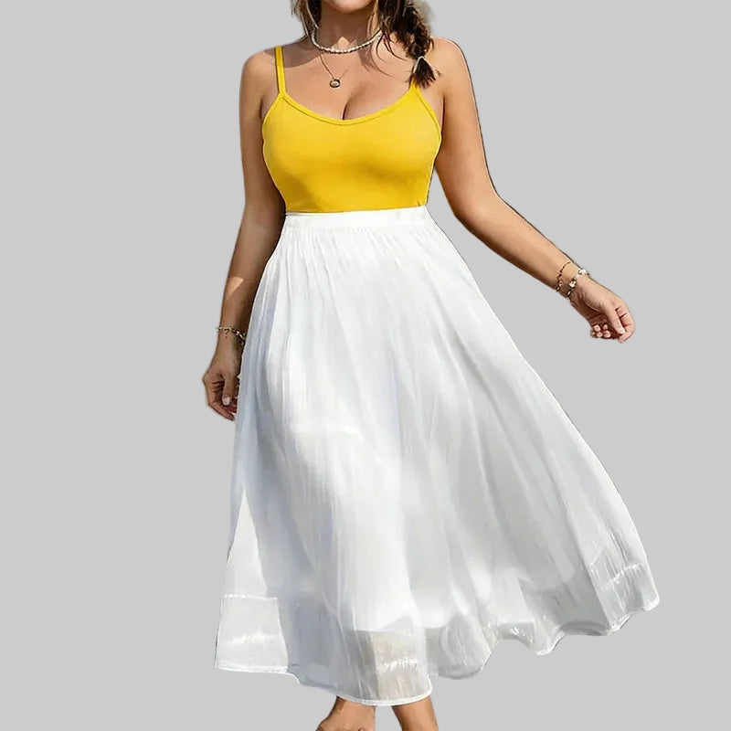 White Tiered High-Waisted Long Skirt Front View