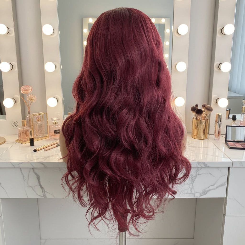 Wine Red Wavy Lace Front Wig - back View, Synthetic Fiber, Pre-Plucked Hairline
