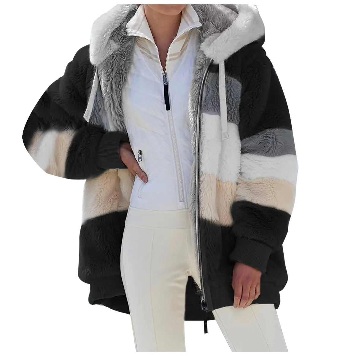 Multicolored fleece jacket with a white shirt and pants on a white background